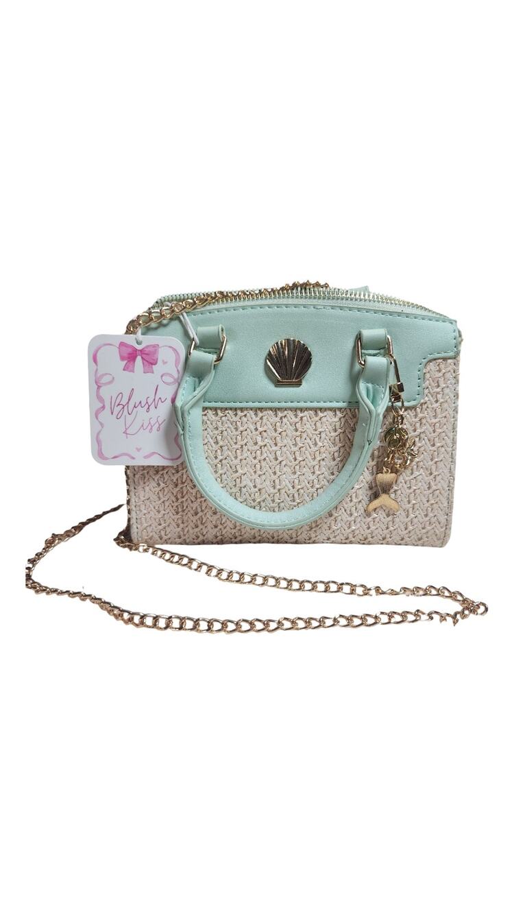 Blush Kiss NWT Mint Green Straw Satchel Crossbody Bag Seashell Charm
